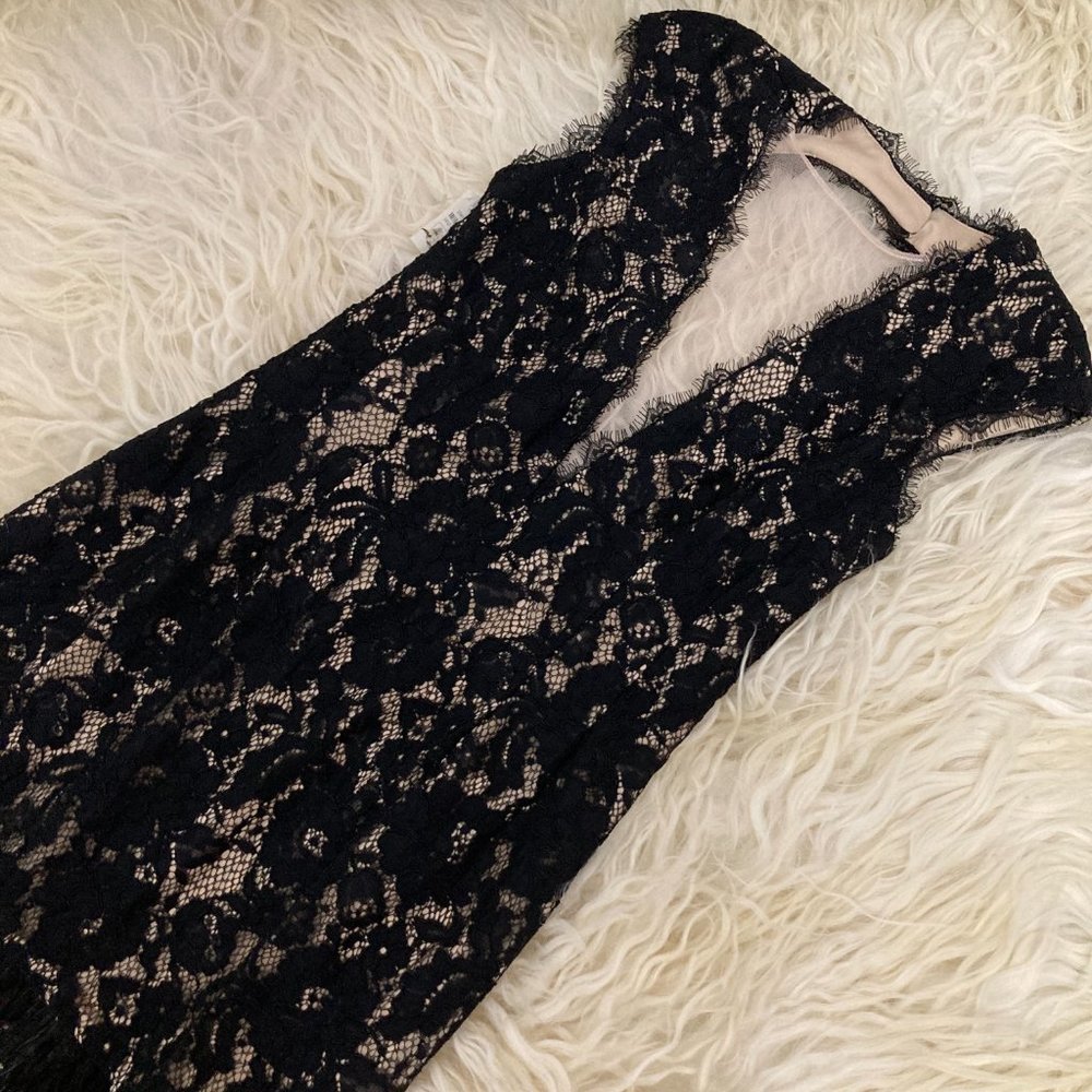 Aidan by Aidan Mattox V-Neck Cap-Sleeve Lace Cocktail Dress w/ Feather Hem - Picture 5 of 10